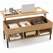 COSTWAY Table basse réglable, avec plateau relevable et 3 compartiments ouverts, en bois avec grand rangement caché, Naturel - marron Bois manufactu