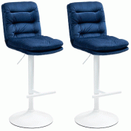 Décoshop26 - Lot de 2 tabourets de bar avec repose-pieds et dossier assise rembourré en velours bleu et métal blanc 10_0006750 - bleu métal 300026