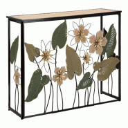 Mauro Ferretti Console Printanière 108 X 36,8 X 80 Cm En Métal Noir Orné De Motifs Floraux Et Plateau En Bois Brun - Style Bohème Chic Artistique