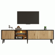 Merax Meuble TV , meuble bas LED avec 3 portes, étagères en verre, 183 cm, pour téléviseurs jusqu'à 75 pouces, 175 x 31 x 43,5 cm, bois naturel/n