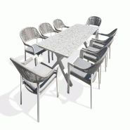 REMARQUABLE Ensemble table de jardin en aluminium blanc et plateau sinterstone et 8 fauteuils (220x90 cm) - ABELLA - 3700917637098_0