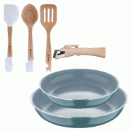 BERGNER - Jeu de 2 Poêles Ø24/28cm en Aluminium Pressé Recyclé Vert avec Poignée Amovible et Jeu de 3 Ustensiles de Cuisine en Silicone et Bois -
