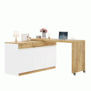 Merax Bureau rotatif avec buffet, bureau d'angle à roulettes, 3 tiroirs, 3 compartiments armoire et étagères réglables, aspect blanc/chêne - N880