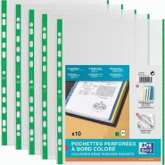 OXFORD Sachet de 10 Pochettes Perforées à Bande et Bords Colorés A4 Polypro Lisse Epaisseur 9/100ème Vert - 100206877