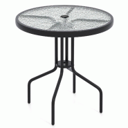 Helloshop26 - Table de jardin ronde 70 cm avec trou pour parasol design moderne en métal noir verre trempé 20_0013995 - 3000228033795