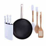 San Ignacio Agros reeco - Jeu de 3 poêles Ø24Ø28Ø30cm en aluminium forgé avec set de couteaux avec bloc et ustensiles en silicone - PK9971