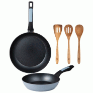 BERGNER - Jeu de 2 Poêles Ø20/26cm en Aluminium Pressé Compatible Induction avec Jeu de 3 Ustensiles de Cuisine en Acacia - PK9510