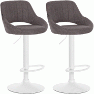 Décoshop26 - Lot de 2 tabourets de bar réglables en tissu gris foncé dossier ajouré et pied métal blanc 10_0006107 - blanc métal 3000265391834