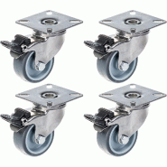 Roulette 50mm 2" en acier inoxydable caoutchouc gris, pivotante avec frein, 160kg, jeu de 4 Roulette 50mm 2" en acier inoxydable caoutchouc gris, pivotante avec frein, 160kg, jeu de 4