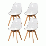 4 Chaises Tulipes Salle à Manger Scandinaves Bm Home Salle de Bureau, Pieds Bois de Hêtre Massif, Transparente, Assise Blanche - transparent plastiq