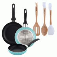 BERGNER - Set de 3 poêles Ø16/20/24cm en aluminium pressé bleu mat avec set de 3 ustensiles en silicone et bois - PK9921