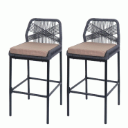 Décoshop26 - Lot de 2 tabourets de bar style moderne intérieur et extérieur en métal anthracite et tressage corde coussins taupe 04_0009639 - 3000_0