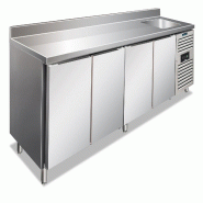 KLIMAITALIA table réfrigérée inox 4 portes évier. Temp. De dégivrage automatique tropicalisée de classe C -2°C/+8°C. Dim. LxLxH 250x70x96 cm.