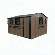 Merax abri jardin acier galvanisé 370.8x303.8x205 cm, 3 fenêtres, double porte, support fleurs, marron - marron métal W3600S00007