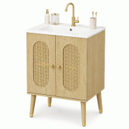 Merax meuble sous-vasque avec vasque en céramique, meuble de salle de bain à portes en rotin, fermeture douce et rangement, 61 x 47 x 89 cm - multi-