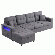 Merax Canapé d'angle en L avec LED et USB, canapé d'angle 4 places avec espace de rangement, tabouret mobile, ports de chargement et housse en, gris