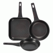 BERGNER Copper - Jeu de 2 Poêles Ø24/Ø28 cm et Poêle Grill 28x28 cm en Aluminium Coulé Couleur Noire - PK8738