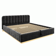 Merax Lit rembourré LED 180 x 200 cm, lit double avec sommier hydraulique, sommier à lattes, tête de lit rembourrée, housse en chenille, gris fonc