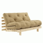 CANAPÉ CONVERTIBLE FUTON ROOTS PIN NATUREL TISSU BEIGE COUCHAGE 140*200 CM.