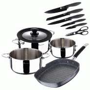 Masterpro - Batterie de cuisine avec casseroles Ø16/Ø20/Ø24 cm, poêle grill 28x28 cm en aluminium forgé et lot de 5 couteaux avec ciseaux - multi