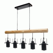 Mendler Lampe à suspendre HWC-H83, Lampe à suspendre, Industrial Vintage bois massif métal noir ~ 5 abat-jour spot - noir Bois massif 74214