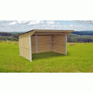 Abri de stockage / structure en acier / toiture en bacacier / bardage en bois / ancrage au sol avec platine