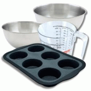 Set pâtisserie avec moule à 6 muffins silicone, 2 bols à mixer, verre mesureur et spatule Zenker - noir silicone 3176239937749