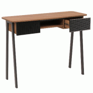 Décoshop26 - Console bureau 2 tiroirs et compartiment ouvert façades structurées 88x110x40 cm en MDF mélaminé naturel et métal 04_0009203 - mét