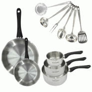 Set 2 poêles 20 et 28 cm, 3 casseroles en inox et 6 ustensiles inox Fackelmann Geneva - gris inox 3176239944655
