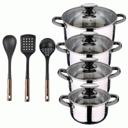 BERGNER - Batterie de cuisine DINA 8pcs 16/18/20/24cm en acier inoxydable compatible induction avec Set 3 ustensiles de cuisine en PBT noir et cuivre