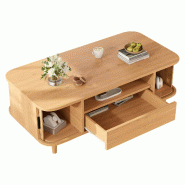 Merax Table basse  avec tiroir, 2 portes à volets roulants, compartiment ouvert et pieds en bois, 100 x 50 x 35 cm, aspect bois naturel - multi-maté