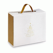 Valisette carton texturé blanc Sapin or poignées ruban or 23,5x18,5x9cm - par 10