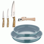 BERGNER - Ensemble 2 poêles Ø22/26cm aluminium embouti vert Adapté induction avec poignée amovible et Ensemble 3 couteaux de cuisine acier inoxyda