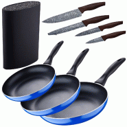San Ignacio Blue Navy Paradise - Jeu de 3 Poêles (16/20/24cm) en Aluminium Pressé et 4Pc Couteaux en Acier Inoxydable avec Bloc à Couteaux - alumin