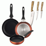BERGNER - Set de 3 Poêles Ø16/20/24cm en Aluminium Pressé Coloris Cuivre Métallisé avec Set de 3 Couteaux en Acier Inoxydable - PK9903