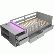 Merax lit multifonction 90x200 cm avec barrière, LED, prise, 2 tiroirs et chevet avec rangement, gris - gris Bois manufacturé LDF00615AAE