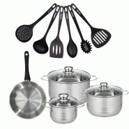Batterie de cuisine avec 1 poêle 20 cm et 3 faitouts 16/20/24 cm et 6 ustensiles de cuisine sans PFAS Fackelmann Généva Brillant Fénix - gris inox_0