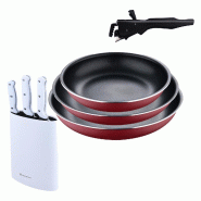 BERGNER - Ensemble de 3 poêles Ø18/20/24 cm en aluminium embouti rouge avec poignée amovible et ensemble de 3 couteaux avec bloc en acier inoxydabl