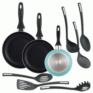 WellHome - Jeu de 3 Poêles Ø16/20/24cm en Aluminium Pressé Coloris Bleu Mat avec Jeu de 6 Ustensiles de Cuisine en PBT Noir - multi-matériau PK8214