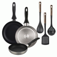 BERGNER - Set de 3 Poêles Ø16/20/24cm en Aluminium Pressé Gris Métallisé avec Set de 3 Ustensiles de Cuisine en PBT Noir et Cuivre - PK9895