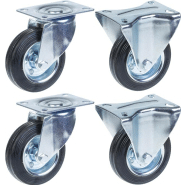 Roulette 100mm 4" à bandage caoutchouc, pivotante et fixe, forte capacité de 360kg, jeu de 4 Roulette 100mm 4" à bandage caoutchouc, pivotante et fixe, forte capacité de 360kg, jeu de 4