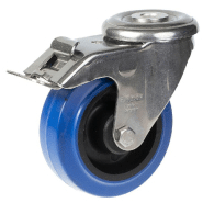 Roulette pivotante/frein de 100 mm en acier inoxydable avec caoutchouc élastique bleu sur centre en nylon Roulette pivotante/frein de 100 mm en acier inoxydable avec caoutchouc élastique bleu sur centre en nylon