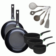 Batterie de cuisine avec 2 poêles 28/30 cm et 3 casseroles 16/18/20 cm et 5 ustensiles de cuisine Fackelmann Brandao Vario - noir aluminium 317623992_0
