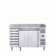 Comptoir à pizza 2 portes + 7 tiroirs. Dessus en granit. Dégivrage automatique. Température -2°C/+8°C. Dimensions (LxPxH) 202x80x100 cm. G-PZ2610