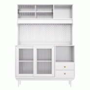 Merax Buffet de cuisine 117 x 30 x 170 cm avec 4 portes coulissantes en verre nervuré, panneau arrière en panneau perforé, 2 tiroirs et compartimen