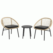 Merax salon de jardin 3 pièces avec 2 chaises, Table Basse et Coussins, meubles de balcon pour 2 Personnes, Rotin, Marron Clair - marron multi-matér