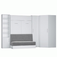 COMPOSITION LIT ESCAMOTABLE BLANC MAT DYNAMO SOFA CANAPÉ  GRIS COUCHAGE 140 X 200 CM 2 COLONNES RANGEMENT + ANGLE