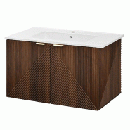 Merax Meuble sous-vasque suspendu 81 x 47 x 48 cm avec vasque en céramique, tiroir, 2 portes et poignées dorées, coloris noyer - marron multi-maté