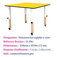 Table carrée réglable en hauteur - piétements à vérin ou à roulettes - plateau stratifié compact