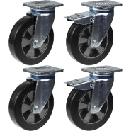 Roulette 200mm 8" en caoutchouc noir, pivotante et avec frein, forte capacité de 1800kg, jeu de 4 Roulette 200mm 8" en caoutchouc noir, pivotante et avec frein, forte capacité de 1800kg, jeu de 4